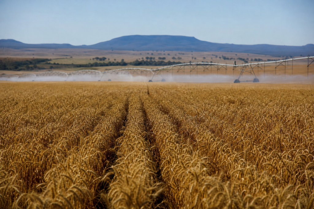 Lavoura de trigo em área agrícola do Cerrado sob céu seco, com sistema de irrigação ao fundo